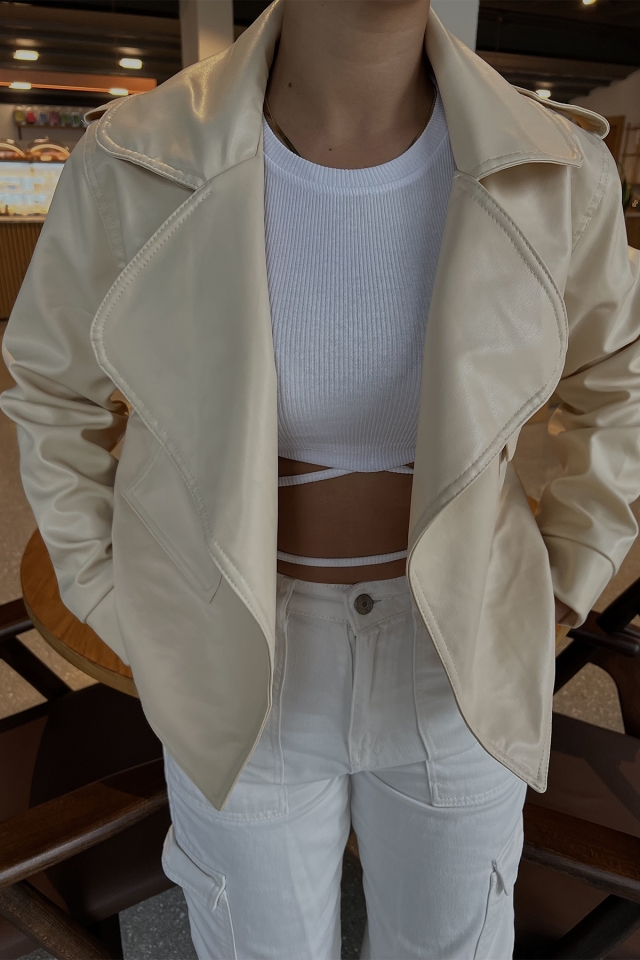 Beige Double Breasted Collar Leather Jacket ATE2159 - 2