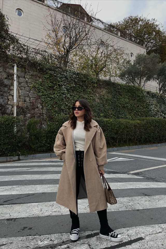 Beige Oversize Double Breasted Collar Coat ATE2643 - 2