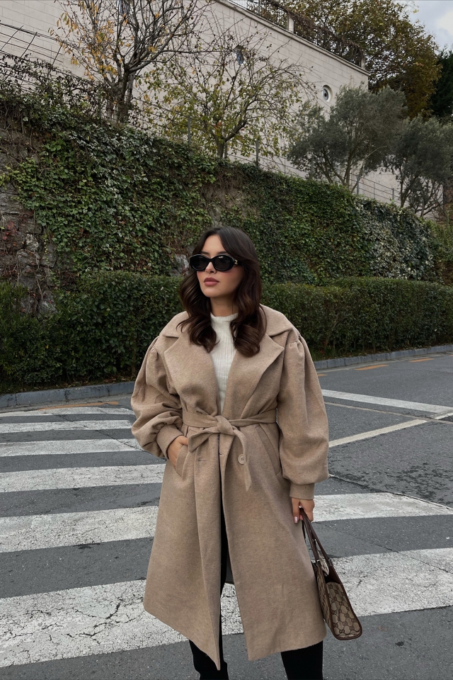 Beige Oversize Double Breasted Collar Coat ATE2643 - 1