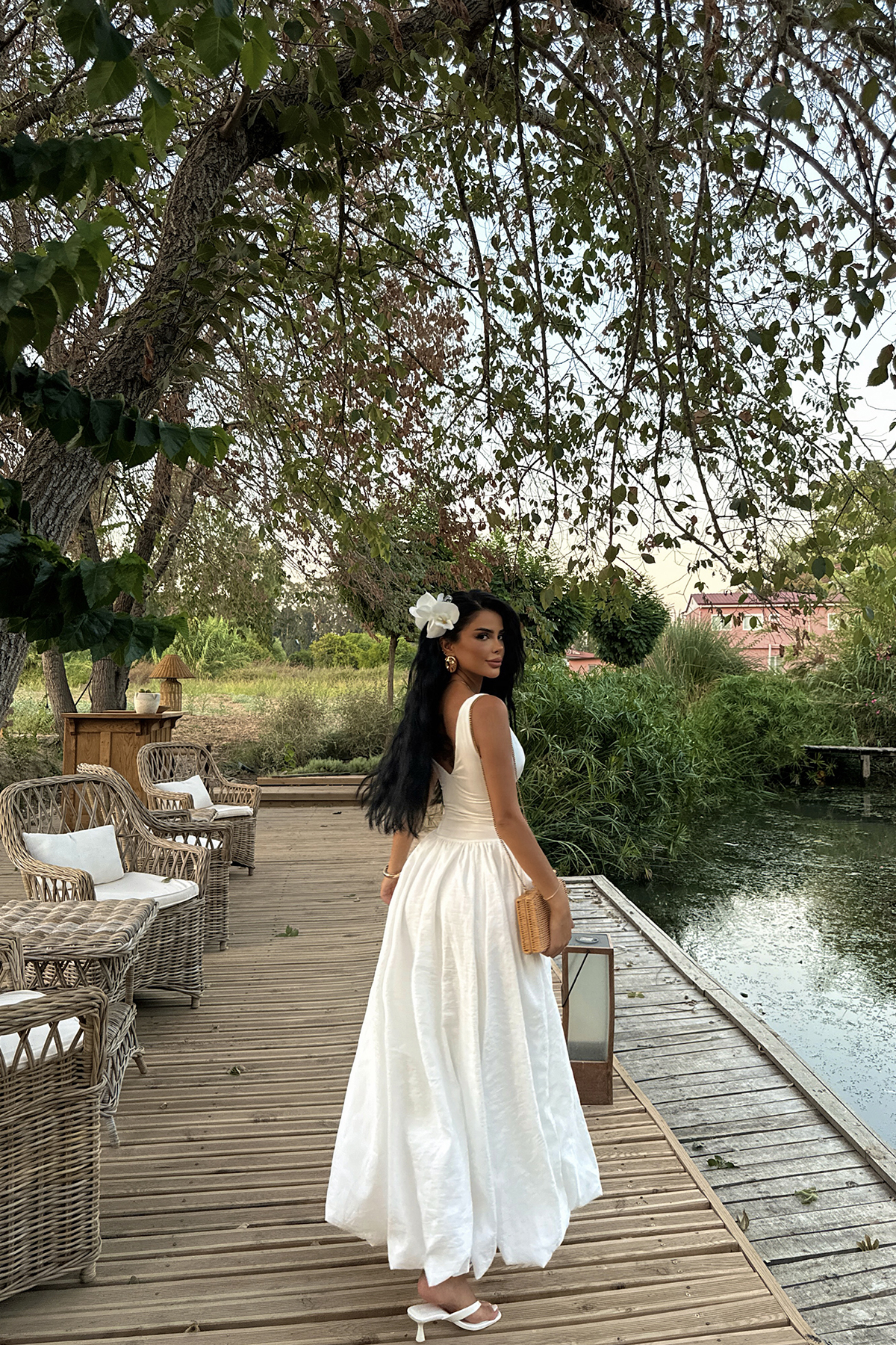 Beyaz Amara Uzun Balon Elbise ATE-1362 - Eyyo