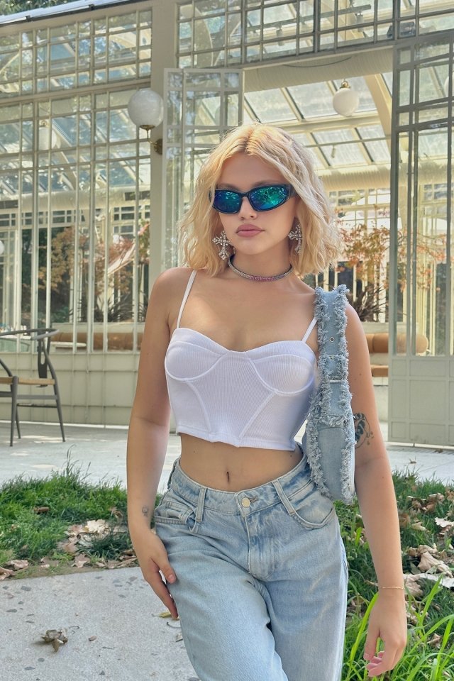 Beyaz Askılı Fitilli Crop Top ATE7823 - 3