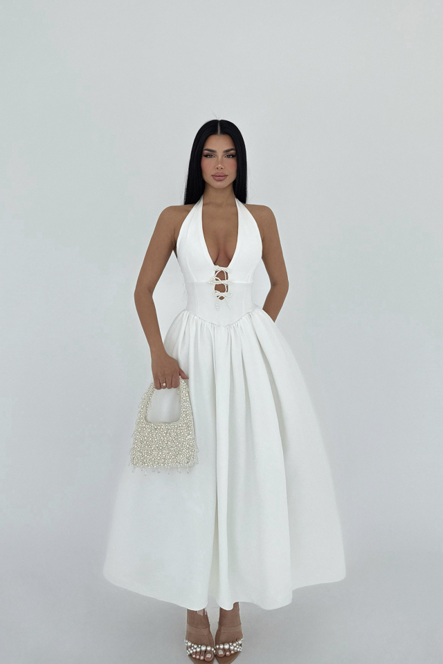 Beyaz Ballerina İncili Fiyonk Detay Elbise ATE-2557 - 6