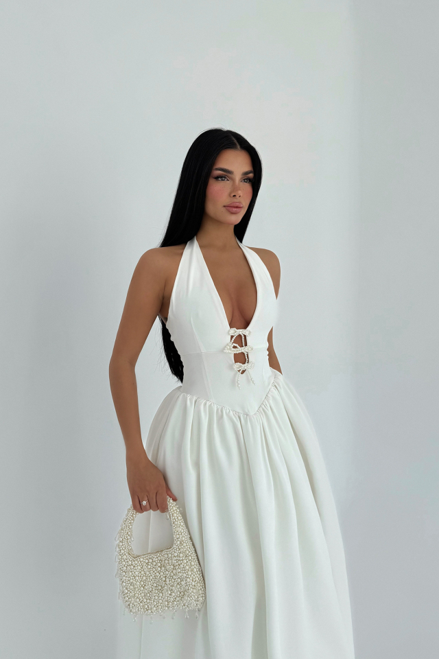 Beyaz Ballerina İncili Fiyonk Detay Elbise ATE-2557 - 8