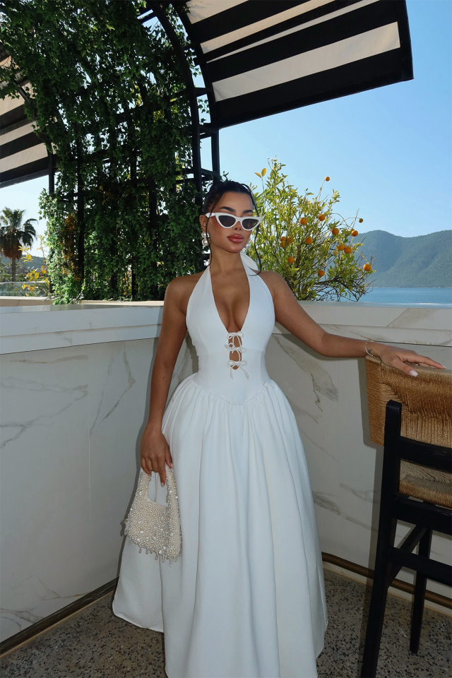 Beyaz Ballerina İncili Fiyonk Detay Elbise ATE-2557 - 1
