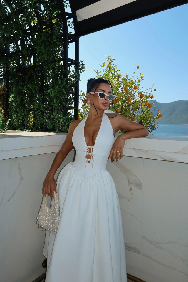 Beyaz Ballerina İncili Fiyonk Detay Elbise ATE-2557 - 2