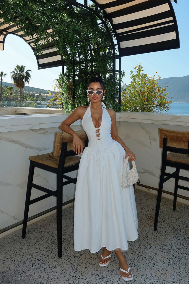 Beyaz Ballerina İncili Fiyonk Detay Elbise ATE-2557 - 3