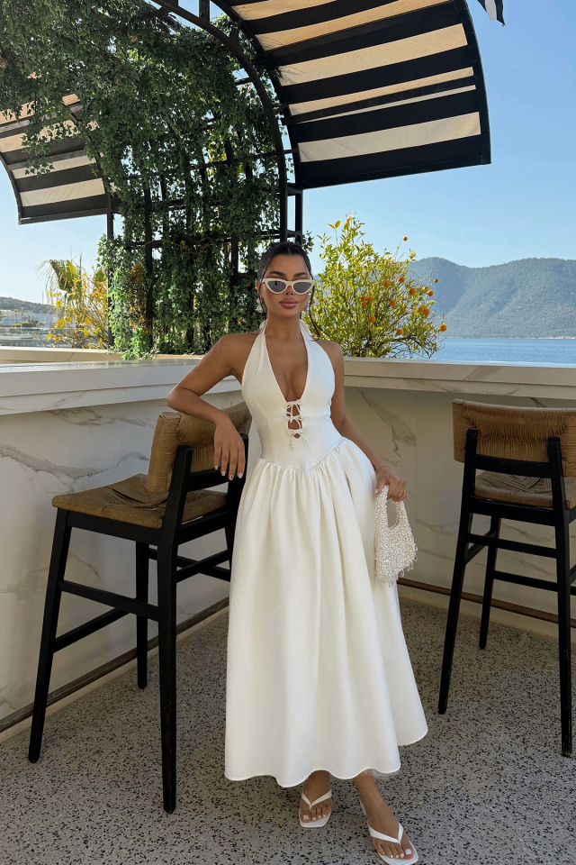 Beyaz Ballerina İncili Fiyonk Detay Elbise ATE-2557 - 4
