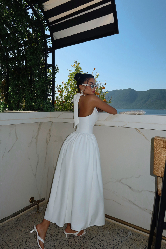 Beyaz Ballerina İncili Fiyonk Detay Elbise ATE-2557 - 5