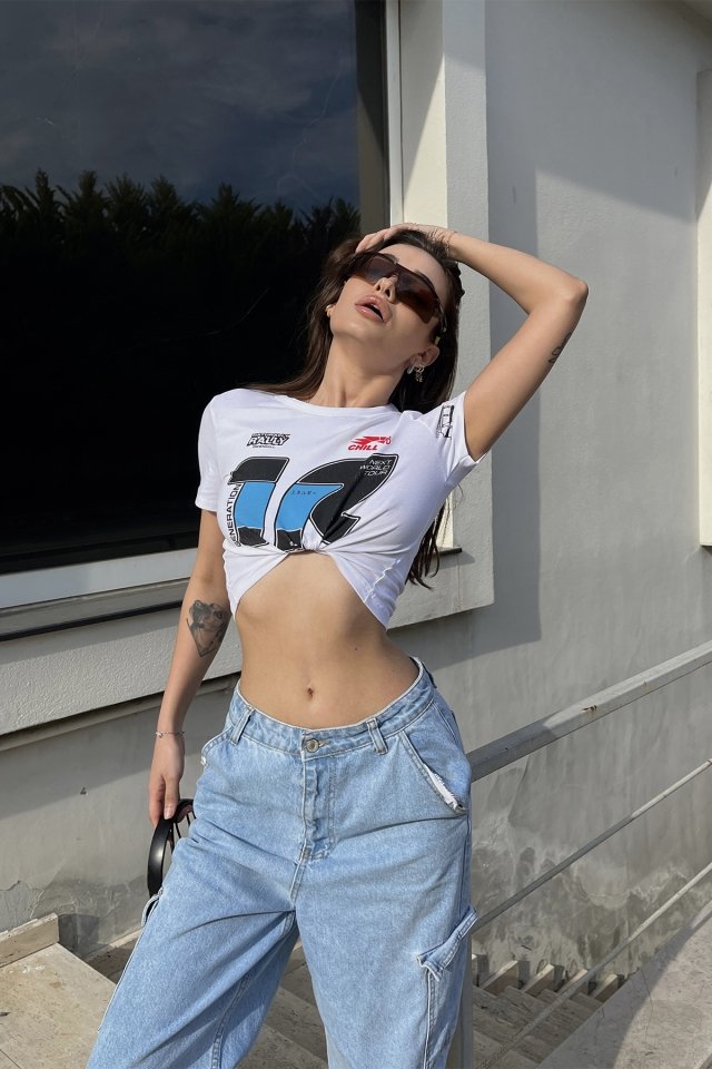 Beyaz Baskılı Crop Top ATE6482 - 2