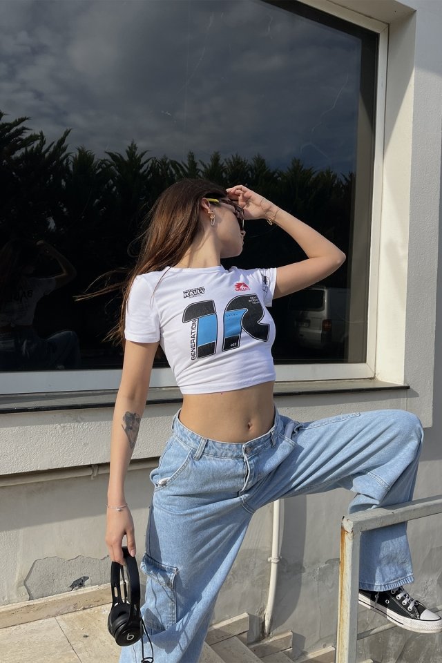 Beyaz Baskılı Crop Top ATE6482 - 5