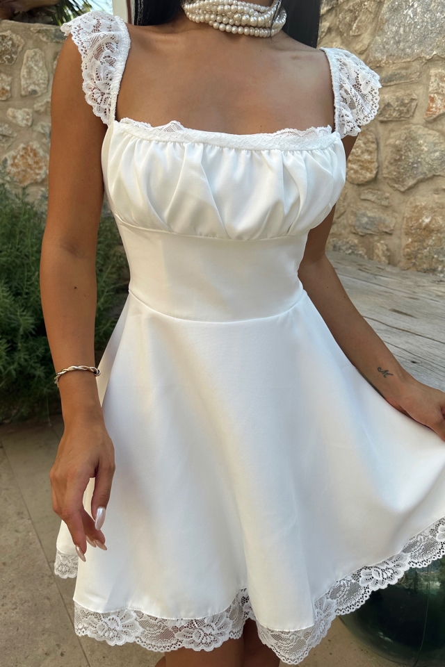 Beyaz Dantel Detay Bağlamalı Elbise ATE7962 - 2
