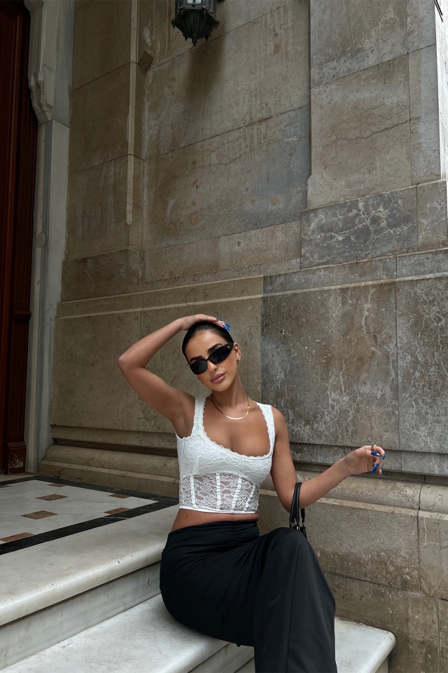 Beyaz Dantel Detay Crop Top ATE6719 - 5