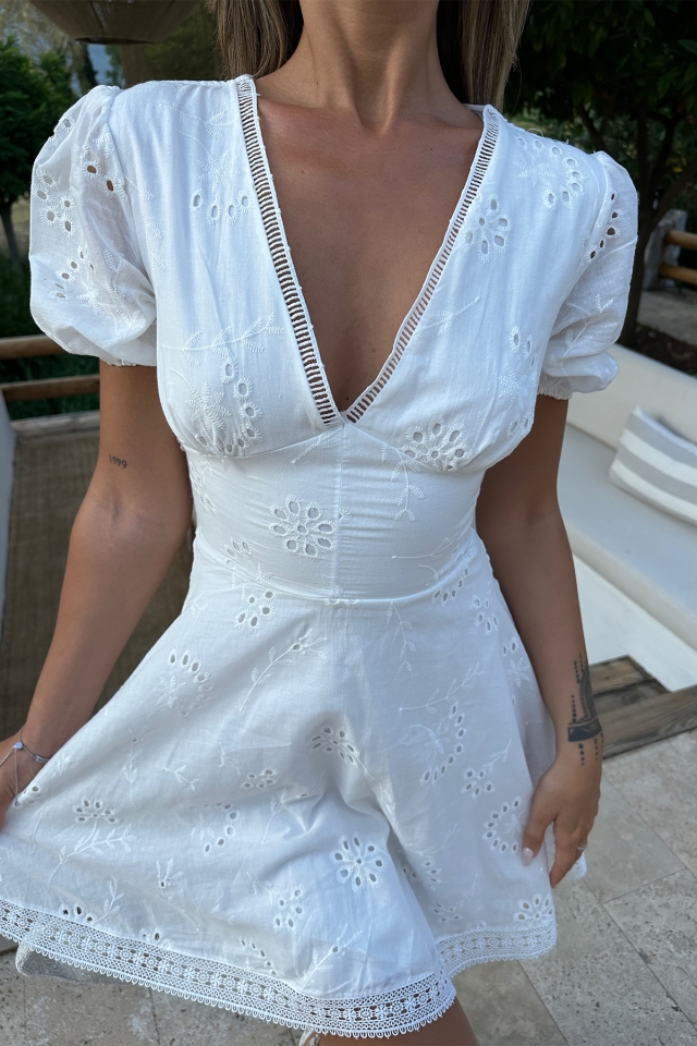 Beyaz Dantel Detay Mini Elbise ATE7268 - 2