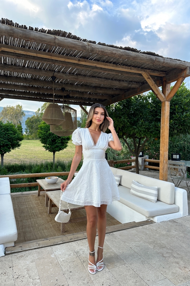 Beyaz Dantel Detay Mini Elbise ATE7268 - 1