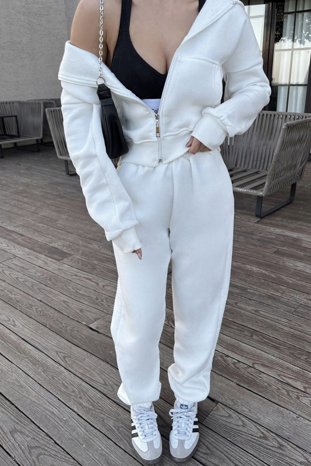 Beyaz Fermuar Detay Pantolonlu Takım ATE-0790 - 2