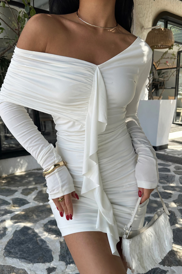 Beyaz Dina Drapeli Elbise ATE-1062 - 2