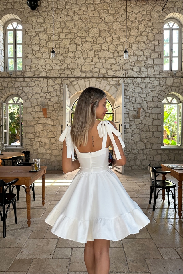 Beyaz Omuzu Bağlamalı Mini Elbise ATE7594 - 6