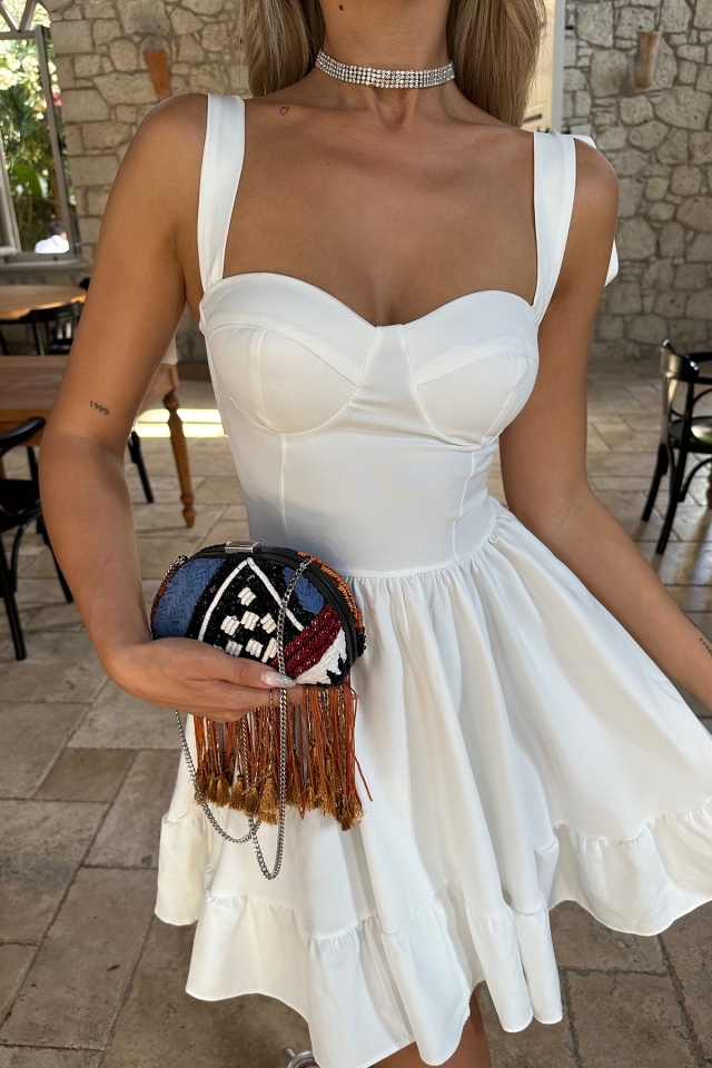 Beyaz Omuzu Bağlamalı Mini Elbise ATE7594 - 2