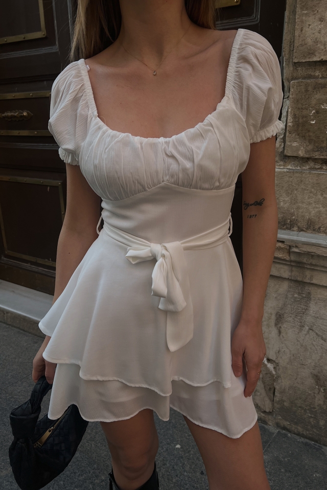 Beyaz Önden Bağlamalı Mini Elbise ATE5027 - 2