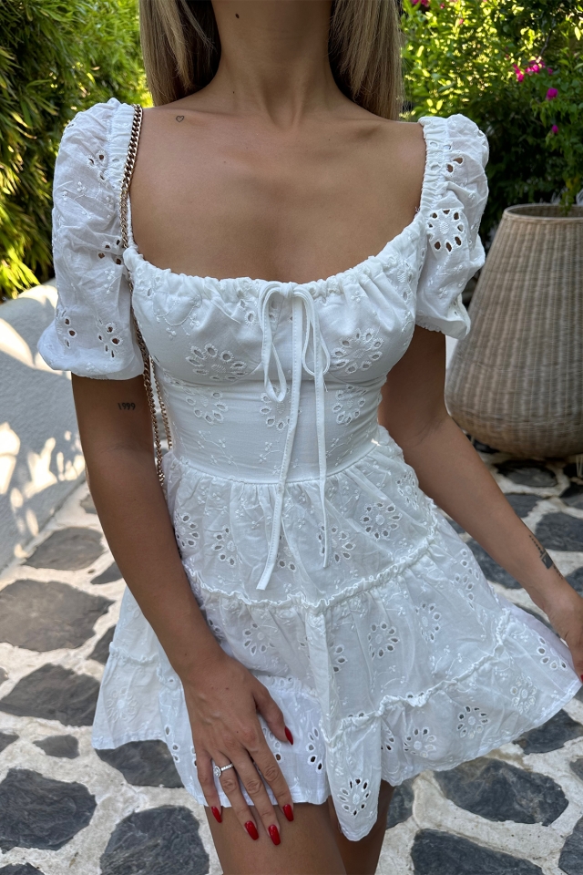 Beyaz Örme Bağlamalı Mini Elbise ATE7702 - 2
