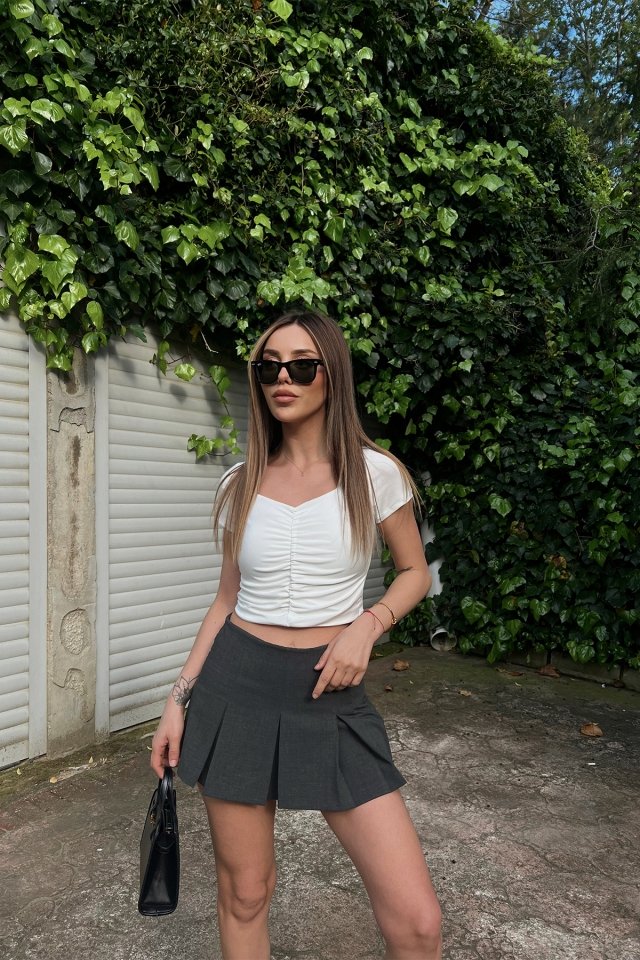 Beyaz Önü Büzgülü Crop Top ATE6411 - 2