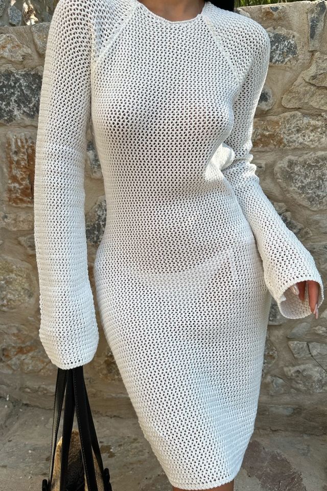 Beyaz Örme Detay Sırt Detay Elbise ATE8072 - 2