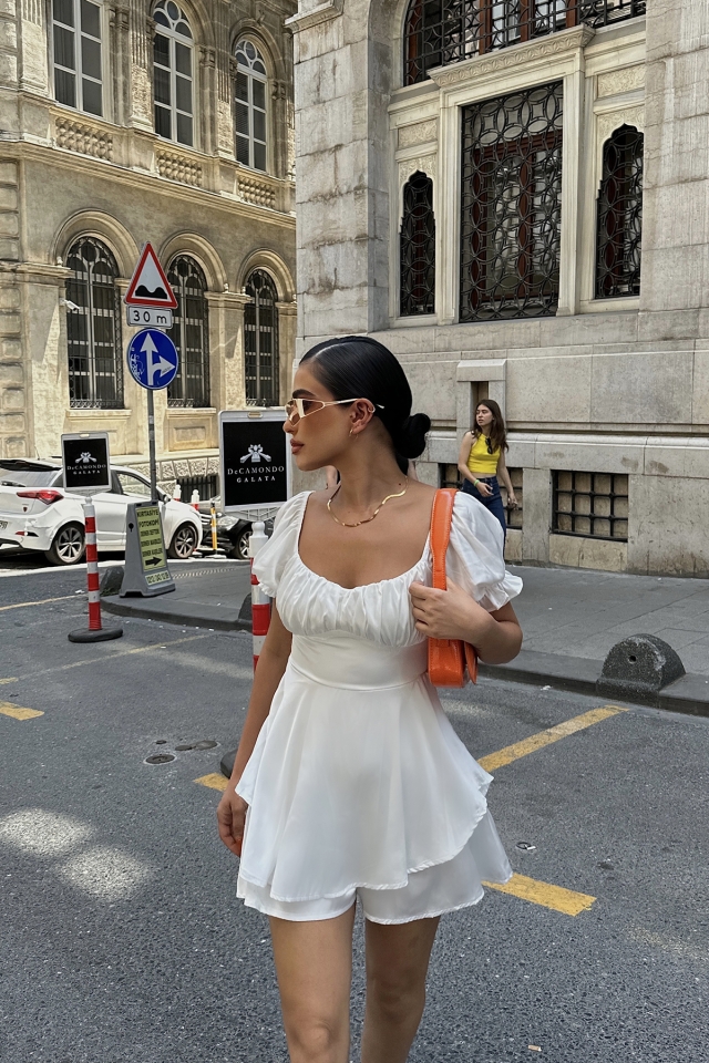 Beyaz Saten Mini Elbise ATE7461 - 9