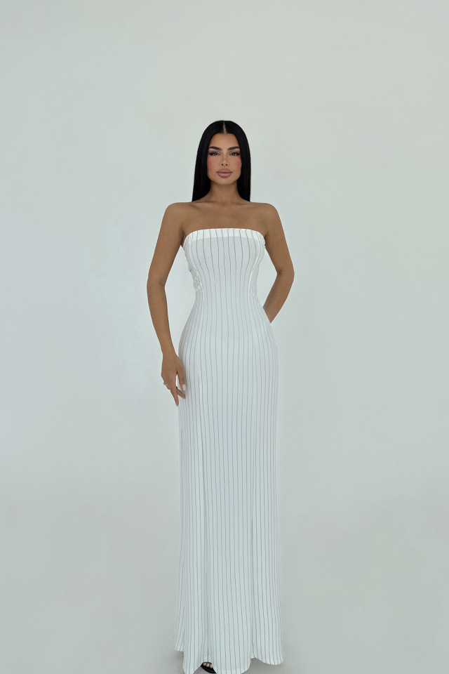 Beyaz Straplez Çizgili Elbise ATE-1244 - 1