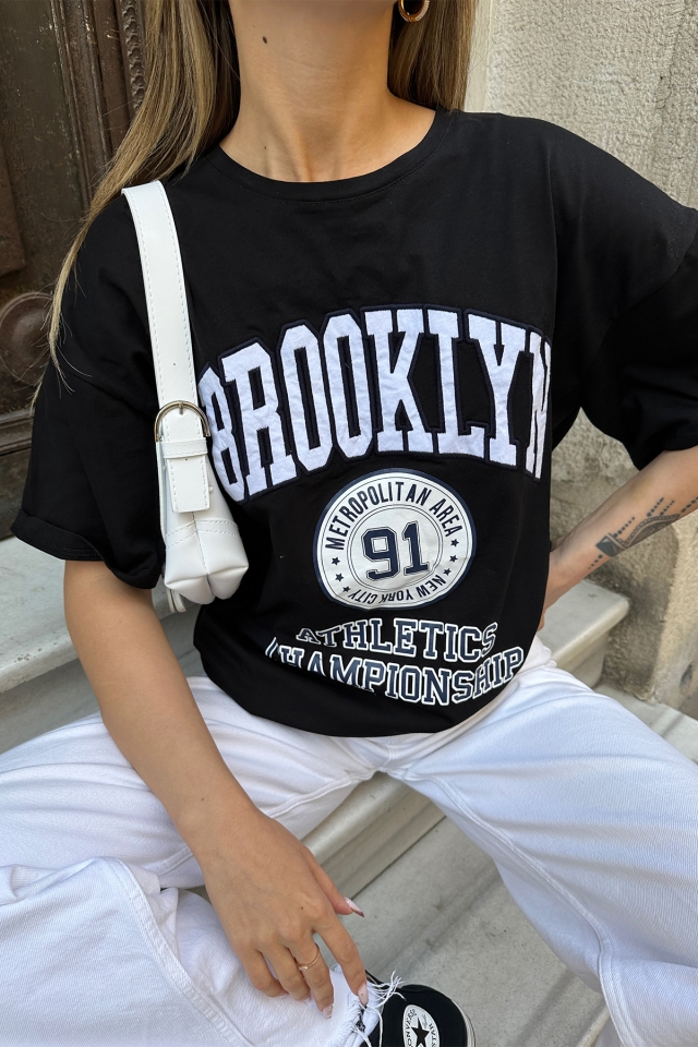 Black Brooklyn Letter Tshirt ATE5304 - 2