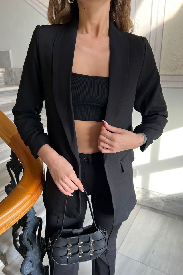 Black Double Breasted Collar Blazer Jacket ATE4354 - 2