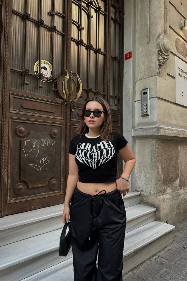 Black Front Written Crop Top ATE6651 