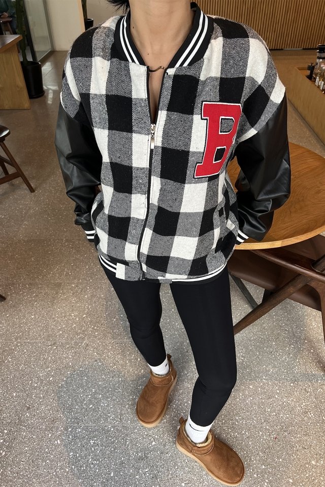 Black Plaid Pattern Letter Printed College Jacket ATE2841 - 2