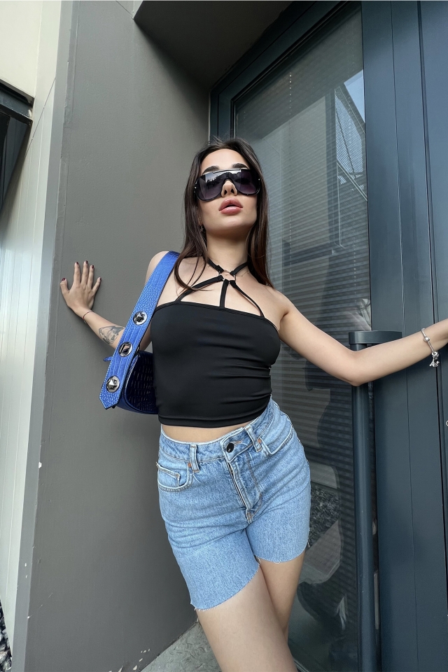 Black Ring Detail Crop Top ATE7153 - 4