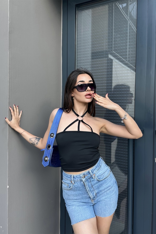 Black Ring Detail Crop Top ATE7153 - 3