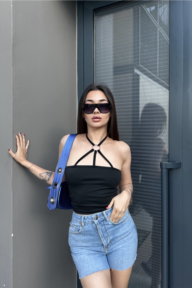 Black Ring Detail Crop Top ATE7153 