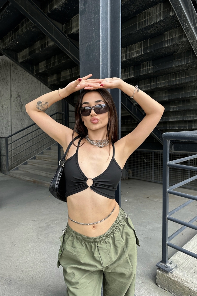 Black Ring Detail Crop Top ATE7158 