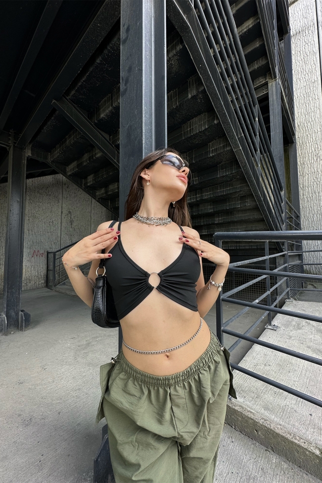 Black Ring Detail Crop Top ATE7158 - 5