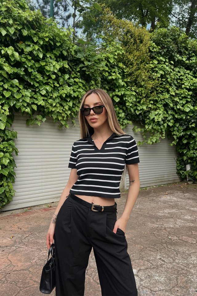 Black Shirt Collar Crop Top ATE6823 - 2