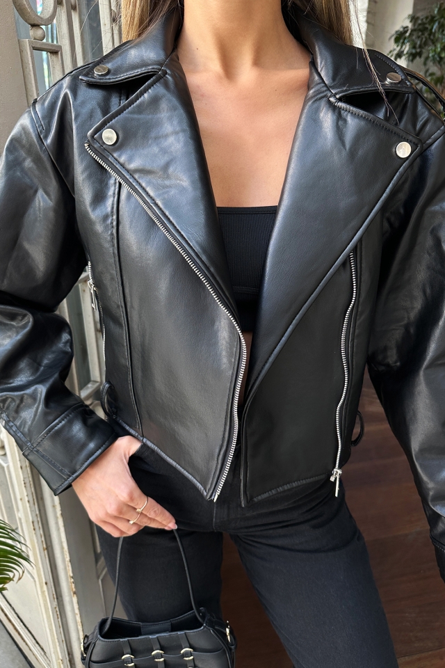 Black Zipper Detail Leather Jacket ATE6808 - 2