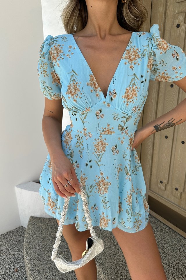 Blue Flower Pattern V Collar Mini Dress ATE6988 - 2