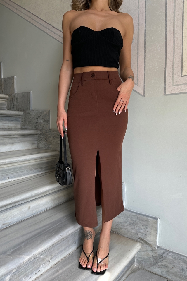 Brown Front Slit Skirt ATE6323 - 2