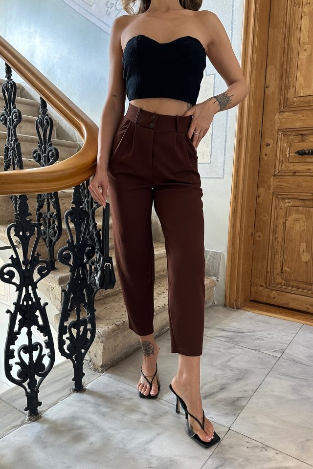 Brown High Waist Mom Pants ATE6301 - 2