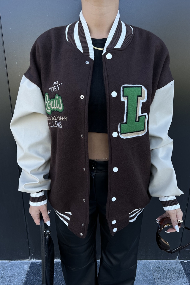 Brown Leather-Sleeve College Jacket ATE2216 - 2