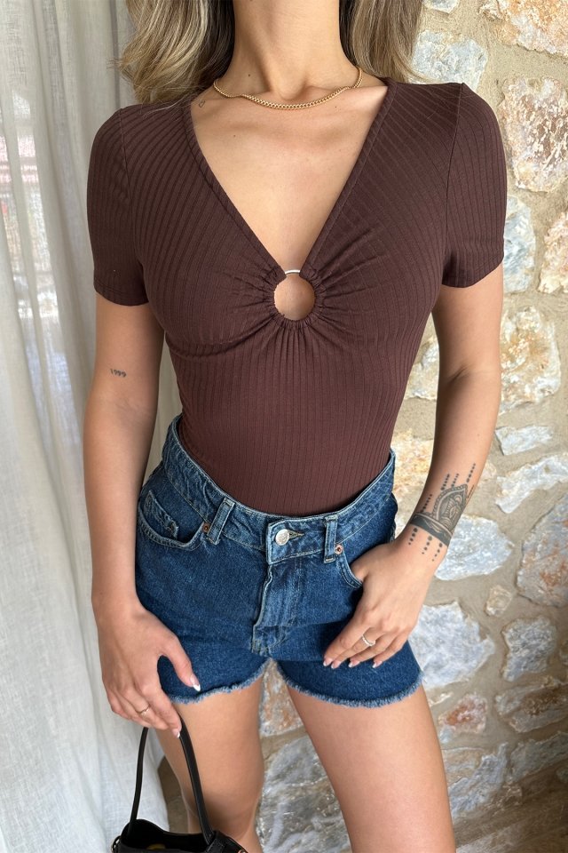 Brown Ring Detail Ribbed Bodysuit ATE6380 - 2