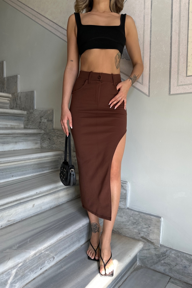 Brown Slit Skirt ATE6319 - 2