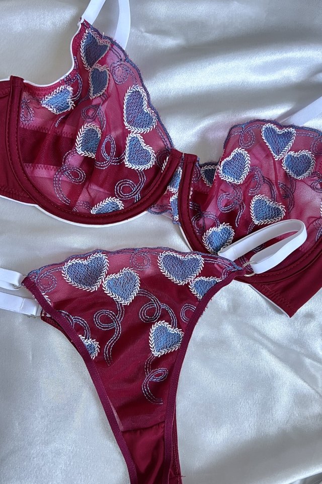 Burgundy Blue Heart Bra Set AATE6265 - 1