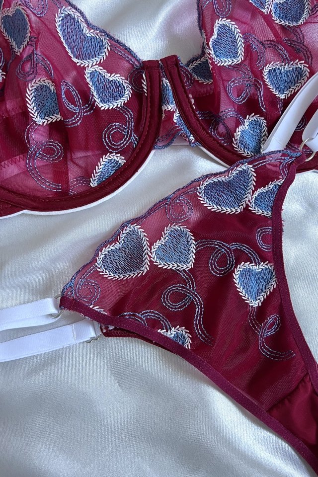 Burgundy Blue Heart Bra Set AATE6265 - 2