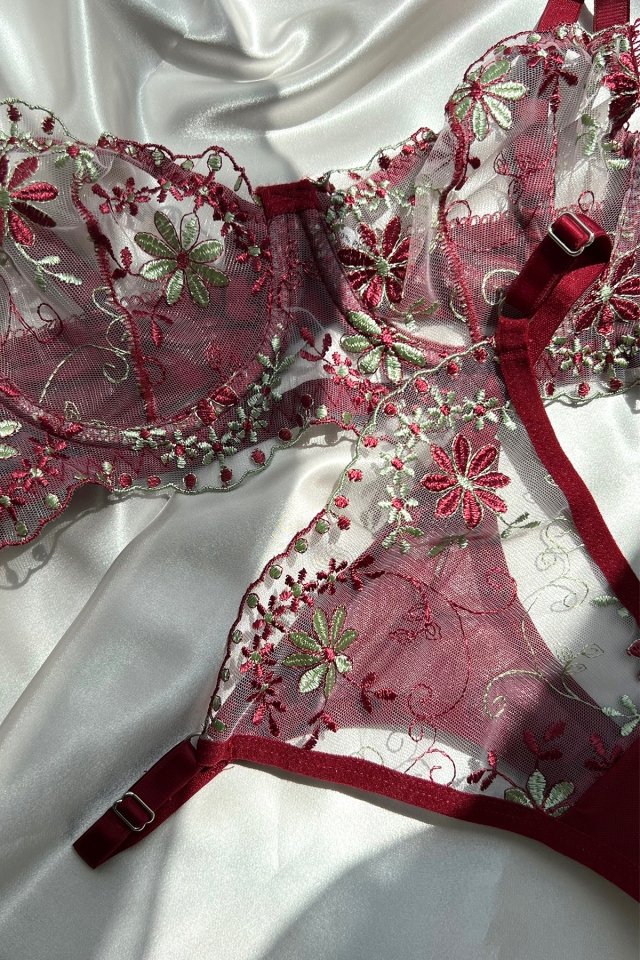 Burgundy Flower Detail Underwear ATE5177 - 2