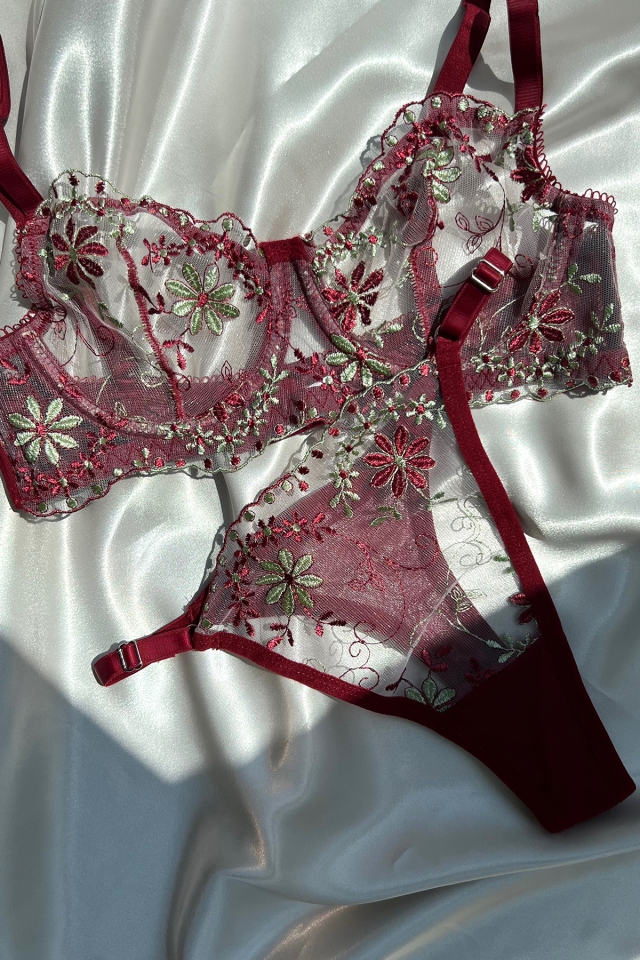 Burgundy Flower Detail Underwear ATE5177 