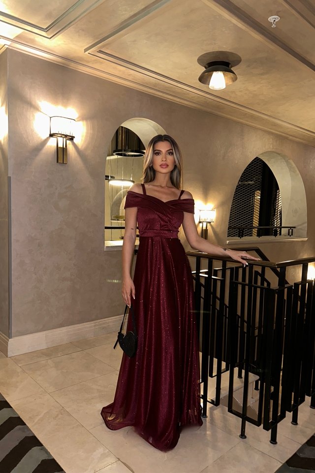 Burgundy Priencess Collar Long Evening Dress ATEL21 - 4